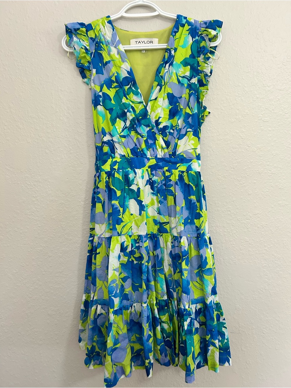 Taylor Blue & Lime Floral Midi Dress with Ruffle Sleeves